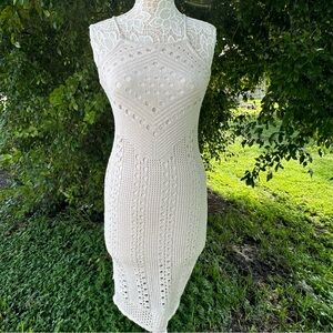Olive & Oak Crochet Boho  Tank Bodycon Midi Dress Lined Size S Beige Cottagecore